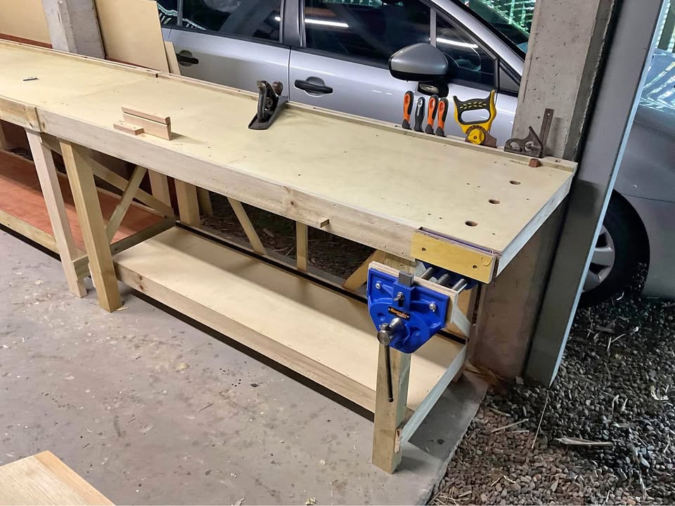 Woodworking bench with quick release vise and bench dogs, photo 1 of 3, handmade timber, Brisbane